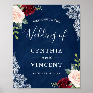 Begrüßungszeichen von Red Blush Floral Navy Blauer Poster