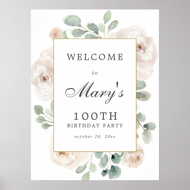 Begrüßungszeichen von White Rose Floral 100. Gebur Poster (Vorne)
