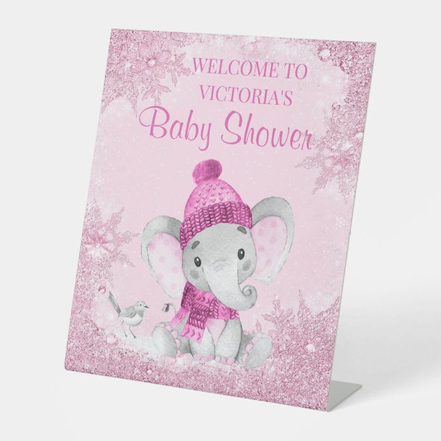 Begrüßungtisch für Girl Winter Elephant Babydusche Sockelschild (Vorderseite)