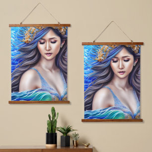 Beguiling Blue Breakwater Fantasy Goddess Art Wandteppich Mit Holzrahmen