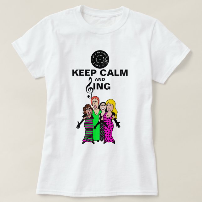 Behalt Calm und Sing Barbershop Cartoon Ladys T-Shirt (Design vorne)