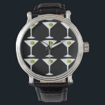 Behalt 'Em Coming Martini Watch (schwarz) Armbanduhr<br><div class="desc">Dieser Behalt "Em Coming Martini Watch zeigt einen schwarzen Hintergrund und das geflieste Bild einer weißen Silhouette eines Martini-Glas. In jedem Glas befindet sich ein herrlicher grüner Olivenbaum mit einem orangefarbenen Pimento. Das ist eine lustige Armbanduhr für alle, die sich wünschen, dass sie eine Figur in einem klassischen Film sind....</div>