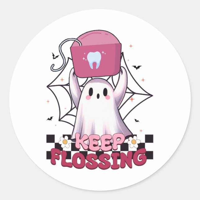 Behalt Flossing Ghost Groovy Dental Hygiene Hallow Runder Aufkleber (Vorderseite)