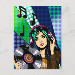 Behalt in Touch   Pop Art Girl with Record Postkarte