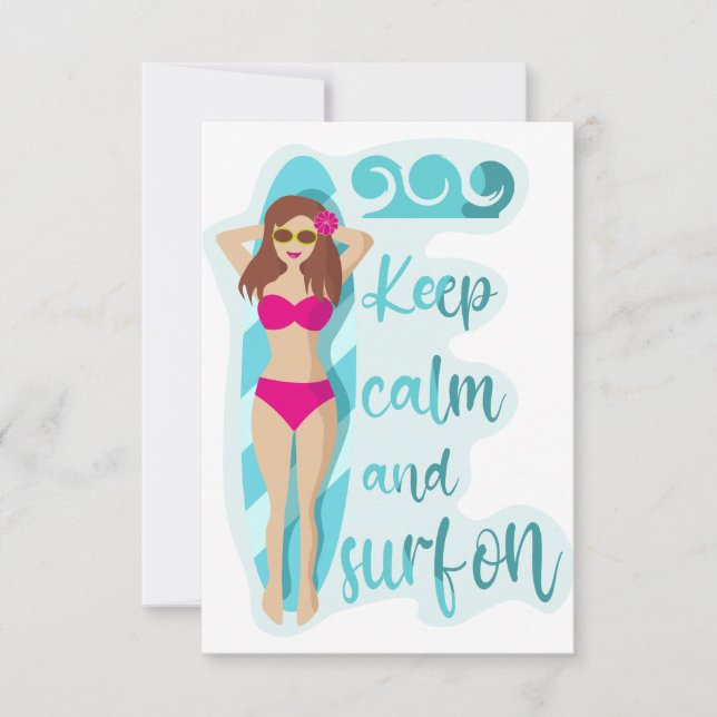 Behalt Ruhe und surfe auf brünettem Mädchen Dankeskarte (Vorderseite)