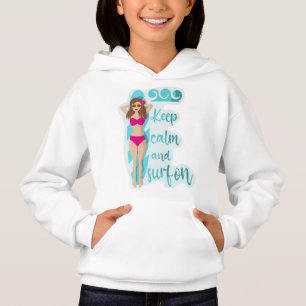 Behalt Ruhe und surfe auf brünettem Mädchen Hoodie
