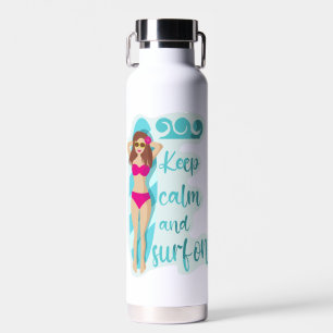 Behalt Ruhe und surfe auf der brünetten Girl Card Trinkflasche