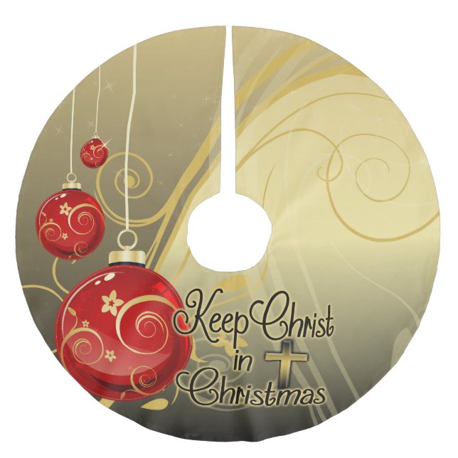 Behalten Sie Christus im Weihnachten, Gold/rotes Polyester Weihnachtsbaumdecke (Vorderseite)