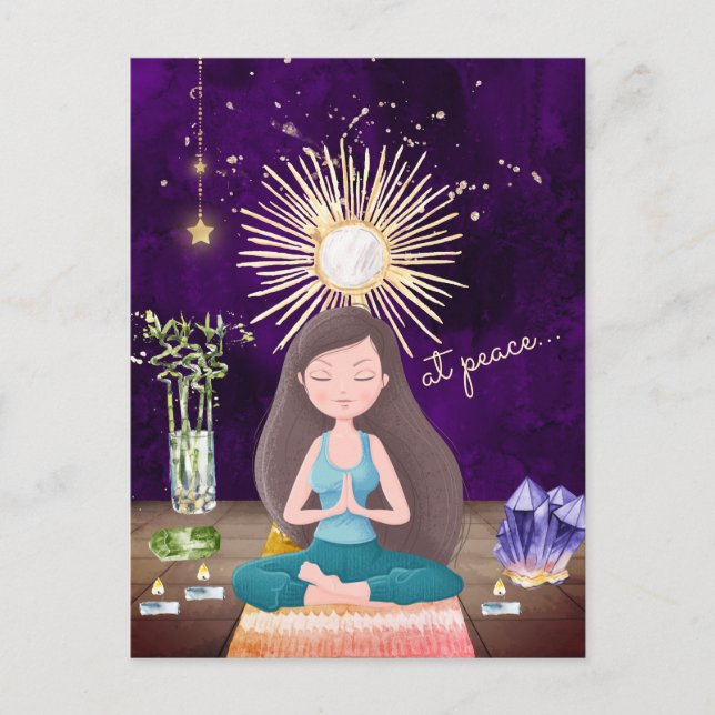 Bei Peace Meditating Yoga Girl and Crystals Postkarte (Vorderseite)