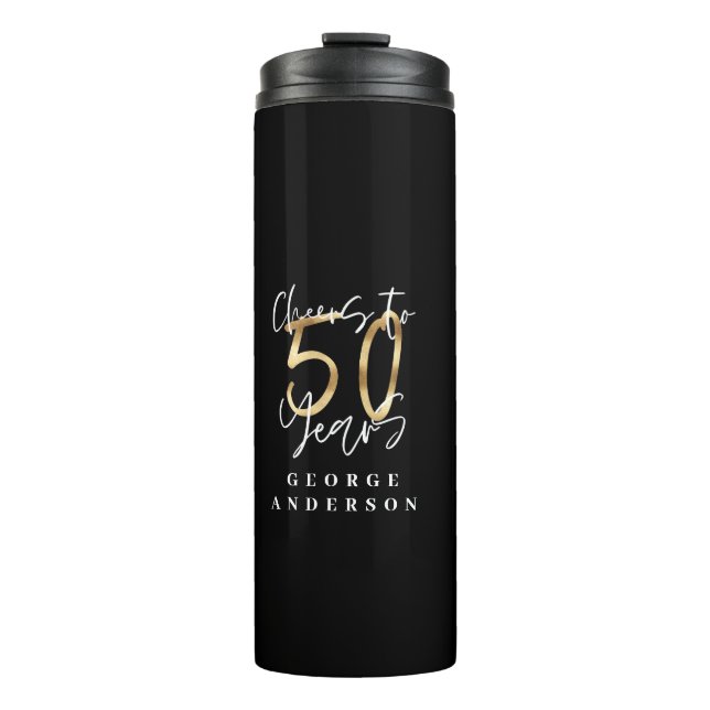 Beifall für 50 Jahre modernes Schwarz und Gold Thermosbecher (Vorderseite)