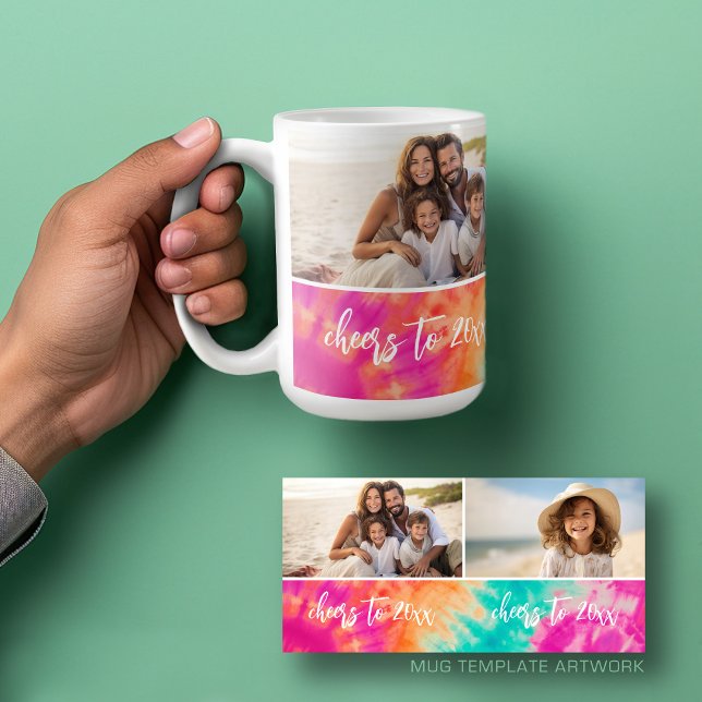 Beifall für das neue Jahr Krawatte-Dye Aquamarine  Kaffeetasse (Personalized mug template with a funky 2 photo collage, custom text and a bright tie dye pattern)