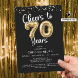 Beifall zu 70 Jahren Balloons Confetti Einladung<br><div class="desc">Feiern Sie einen 70. Geburtstag mit diesen eleganten und festlichen Party Einladungen mit dem Titel CHEERS TO 50 YEARS mit Imitaten metallischen Goldballonnummern und modernen Skripttypografie und Konfetti in Ihrer Wahl der Hintergrundfarbe (in schwarz dargestellt). HILFE: Für Hilfe bei der Modifikation oder Personalisierung des Designs, bei der Übertragung des Designs...</div>