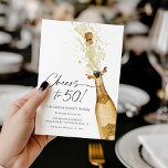 Beifall zum 50. Geburtstag Foto Einladung<br><div class="desc">Lasst uns 50 begrüßen! Einladung zum Geburtstag Foto. Entworfen mit einer schönen Aquarell Gold Champagner Flasche. Passende Artikel in unserem Shop Cava Party Design.</div>