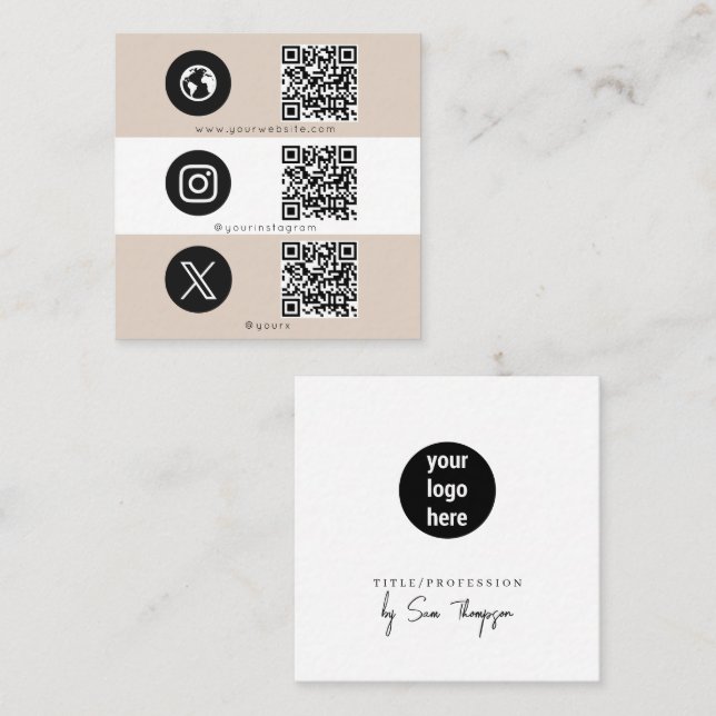 Beige 3 Icon QR Code Business Social Media Logo Telefonnummerkarte (Vorne/Hinten)