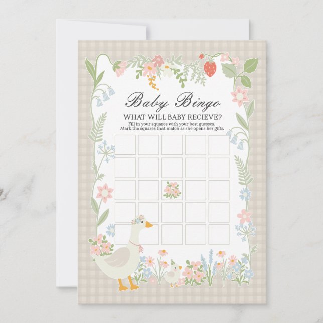 Beige Albern Gänse Floral Gingham Baby Bingo Game Einladung (Vorderseite)