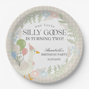 Beige Albern Gänse Floral Gingham Birthday Pappteller