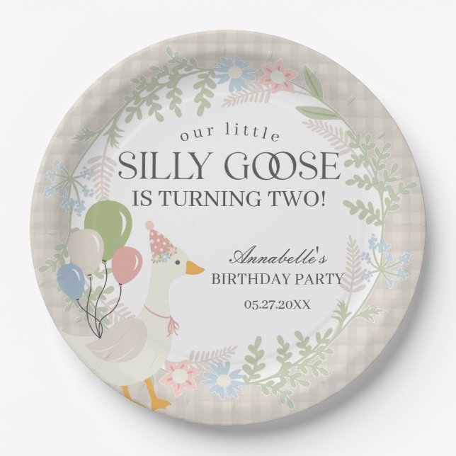 Beige Albern Gänse Floral Gingham Birthday Pappteller (Vorderseite)
