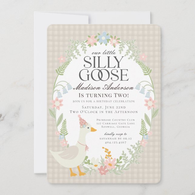 Beige Albern Gänse Floral Gingham Birthday Party Einladung (Vorderseite)