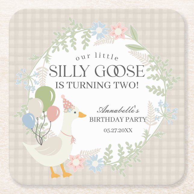 Beige Albern Gänse Floral Gingham Birthday Rechteckiger Pappuntersetzer (Vorderseite)