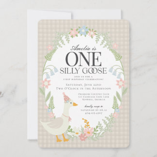 Beige Albern Gänse Floral Gingham Erster Geburtsta Einladung