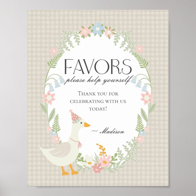 Beige Albern Gänse Floral Gingham Favoriten Zeiche Poster (Vorne)