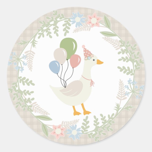 Beige Albern Gänse Floral Gingham Favors Runder Aufkleber (Vorderseite)