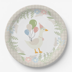 Beige Albern Gänse Floral Gingham Party Pappteller