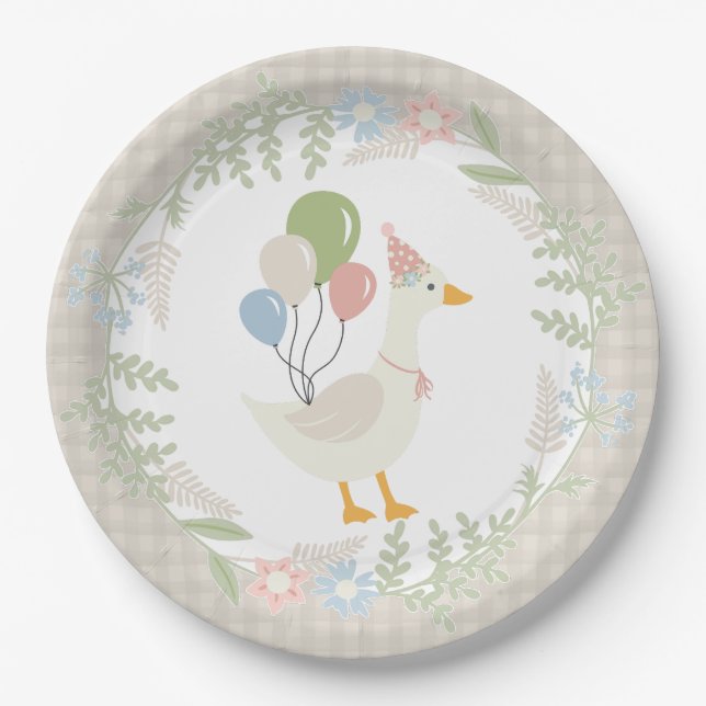 Beige Albern Gänse Floral Gingham Party Pappteller (Vorderseite)