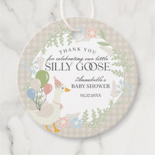 Beige Albern Gänse Gingham Baby Dusche Geschenkanhänger