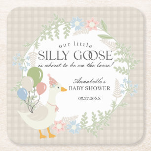 Beige Albern Gänse Gingham Baby Dusche Rechteckiger Pappuntersetzer