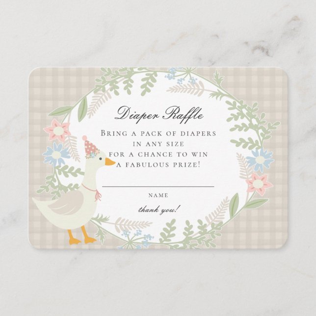 Beige Albern Gänse Gingham Floral Diaper Raffle Begleitkarte (Vorderseite)