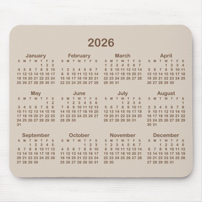 Beige and Brown 2026 Calendar Mousepad (Vorne)