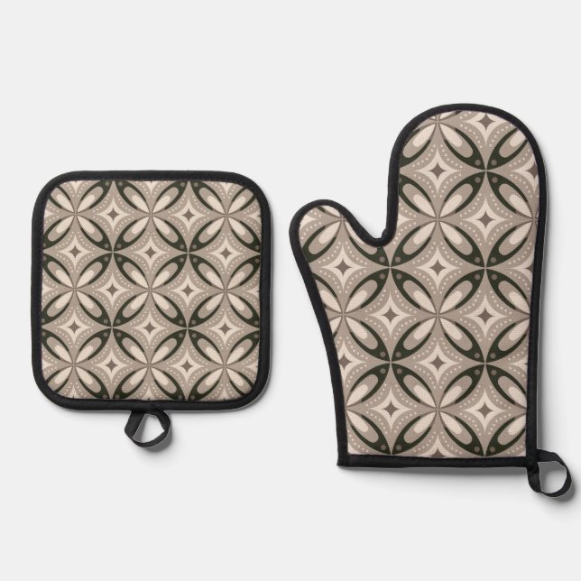 Beige and Brown Retro circular shapes Ofenhandschuh & Topflappen-Set (Vorderseite)