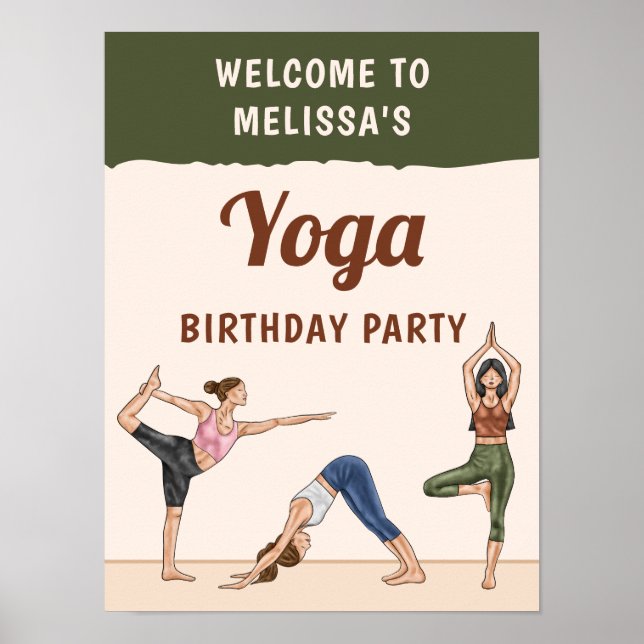 Beige And Green Boho Yoga Birthday Party Welcome Poster (Vorne)
