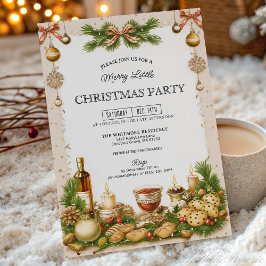 Beige and Pine Greenery Ribbon Christmas Party Einladung