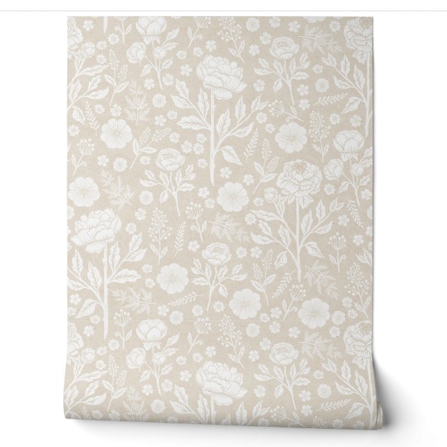 Beige and White Peonies Hand-Drawn Florals Tapete (Abrollen)