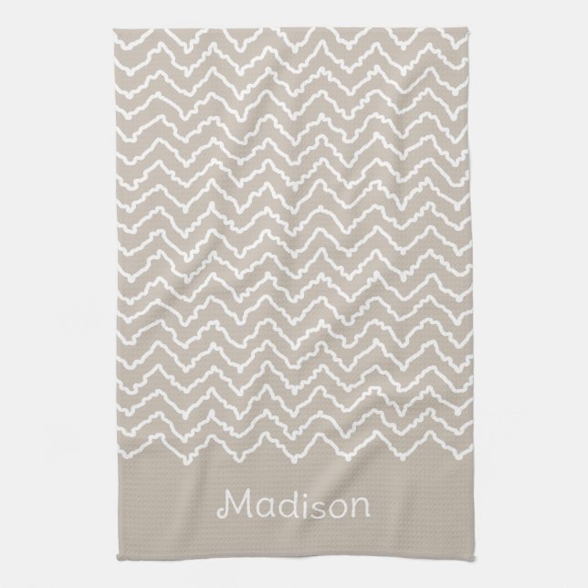 Beige And White Squiggly Chevron Zigzag With Name Geschirrtuch (Vertikal)