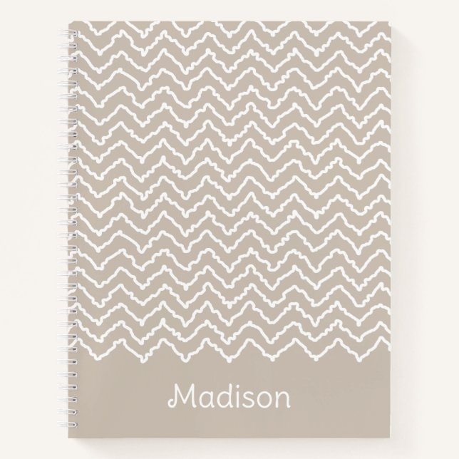 Beige And White Squiggly Chevron Zigzag With Name Notizbuch (Vorderseite)