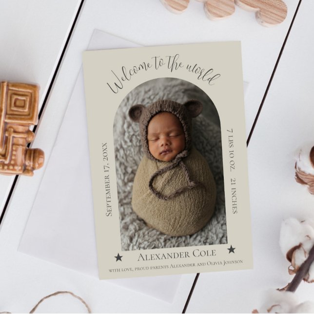 Beige Ankündigung der Geburt des Fotos mit einfach (Beige Simple Arch Frame Photo Birth Announcement)