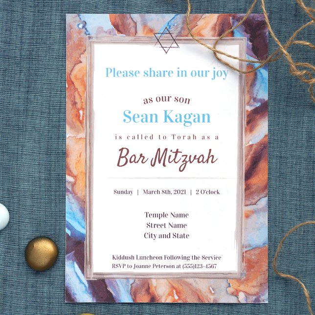 Beige Aqua Blue Bar Mitzvah Einladung (modern bar mitzvah invitations with bold brown, beige, blue marble stone pattern )