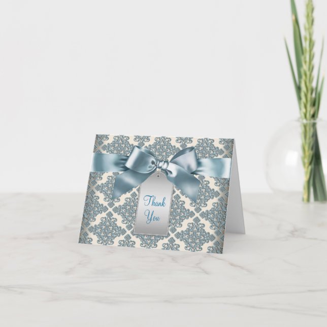 Beige Aquamarin Blue Damask Vielen Dank Karten (Vorderseite)