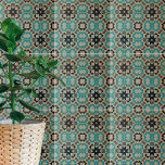 Beige Aquamarine schwarz geometrische Mosaik Stone Fliese<br><div class="desc">Einzigartig dekoratives Fliesendesign mit einem nahtlosen Muster aus geometrischen Formen in aquamarin und schwarz auf beige-gesteintem Hintergrund.</div>