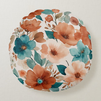 Beige, aquamarine und rostfarbene Blüten Rundes Kissen