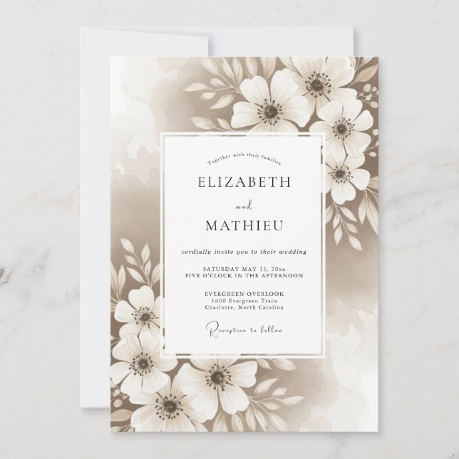 Beige Artistic Floral Flourish Wedding Einladung (Vorderseite)