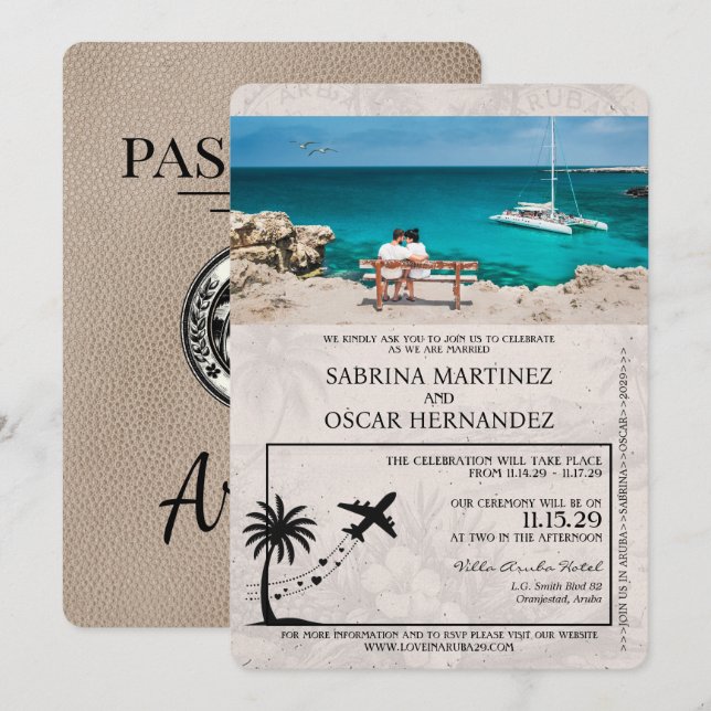 Beige Aruba Pass Einladung zur Hochzeit (Vorne/Hinten)