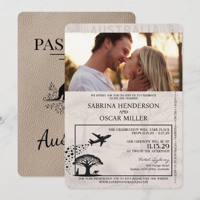 Beige Australia Passport Wedding Einladung (Vorne/Hinten)