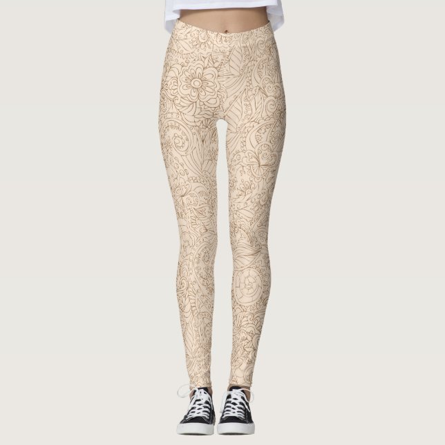 Beige avec dentelle florale Brown Motif Leggings (Devant)