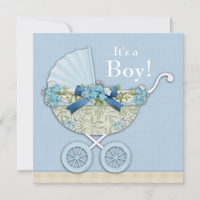 Beige Baby Blue Baby Carriage Boy Dusche Einladung (Vorderseite)