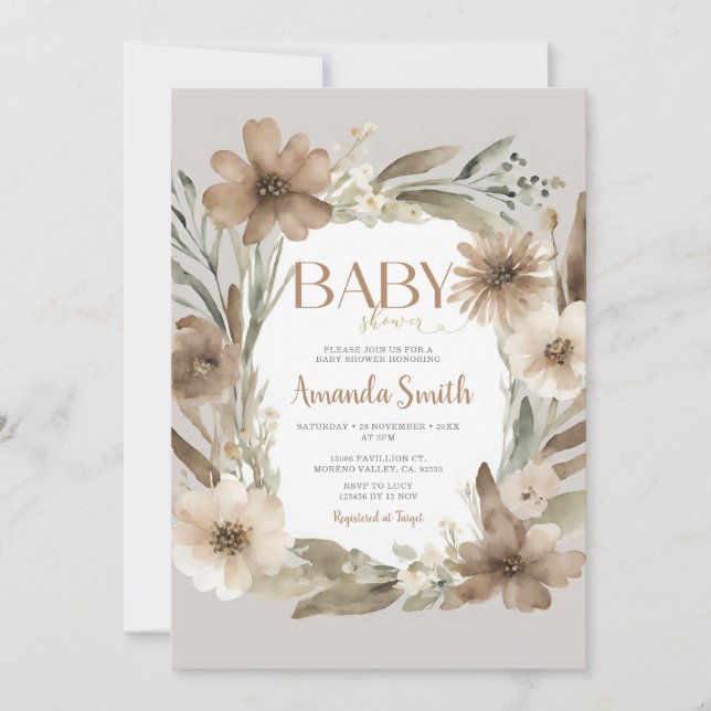 Beige Baby in Bloom Blume Girl Baby Dusche Einladung (Vorderseite)