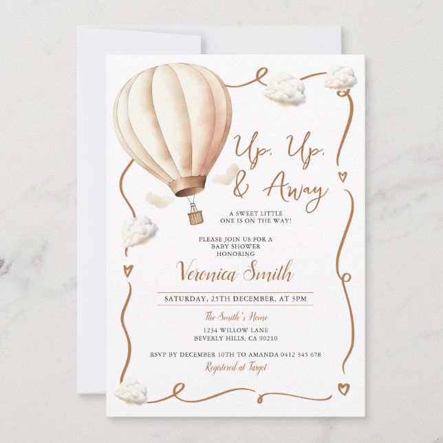 Beige Babydusche Heißluftballon, Auf und Ab Einladung (Vorderseite)